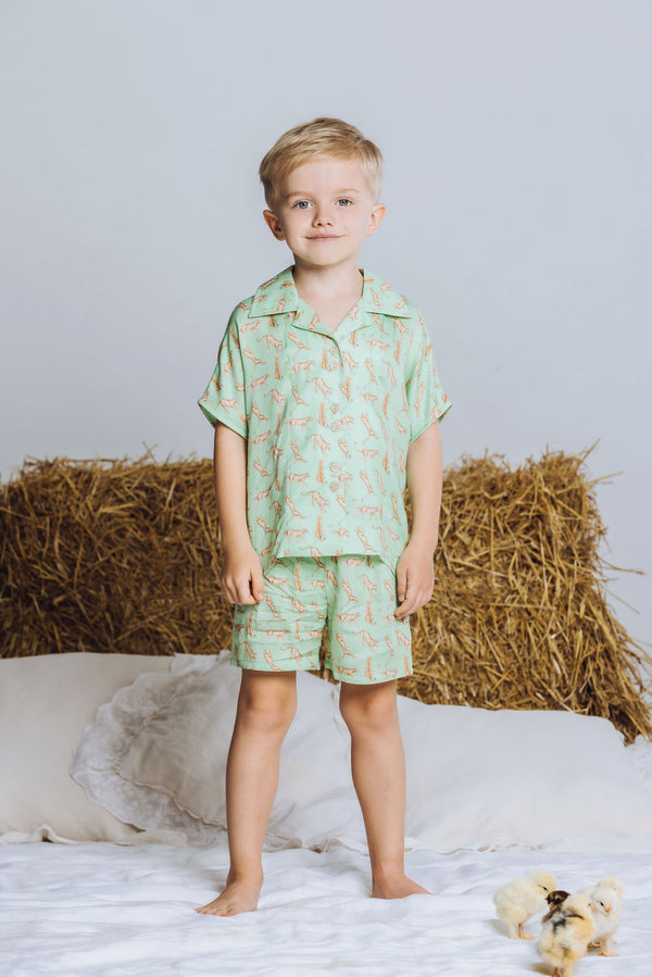 ARIES UNISEX COTTON PYJAMA SET GREEN CHEETAH PRINT