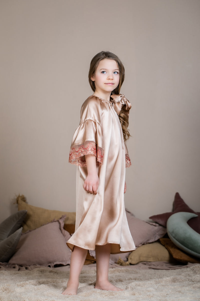 OFELIA - GIRLS SILK NIGHTDRESS CARAMEL