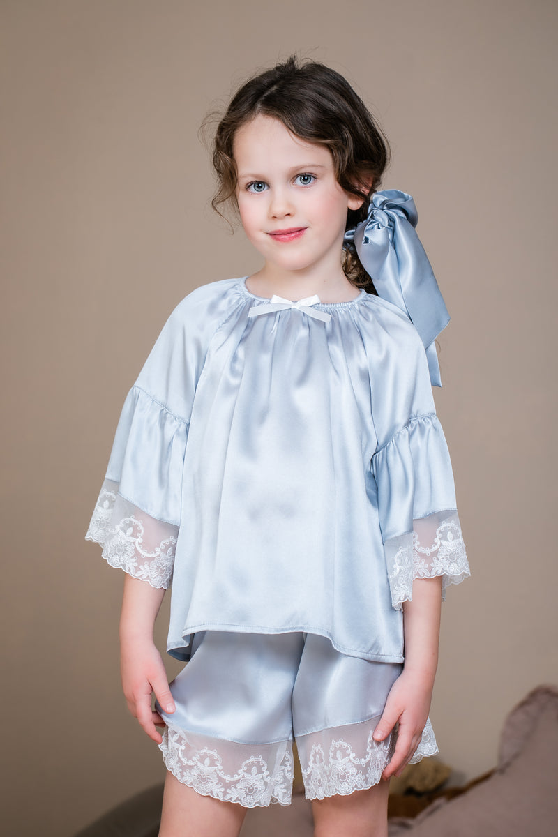 ADRIANA - GIRLS SILK PYJAMA SET ICE BLUE