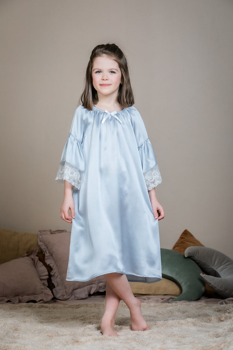 OFELIA - GIRLS SILK NIGHTDRESS ICE BLUE