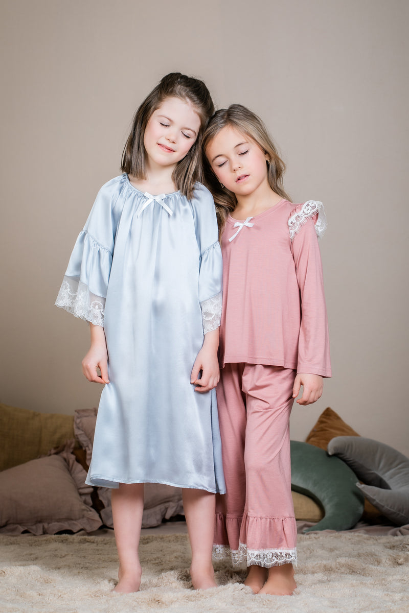 OFELIA - GIRLS SILK NIGHTDRESS ICE BLUE