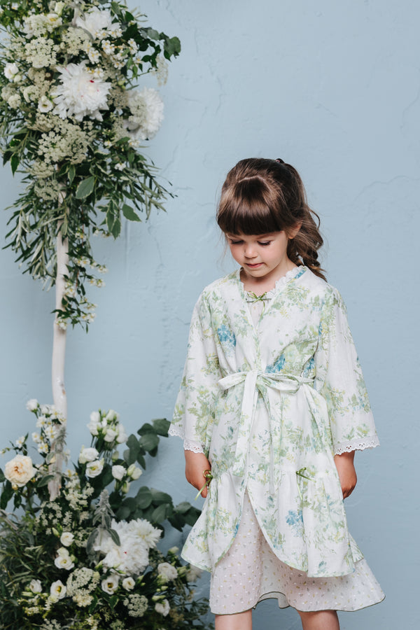MILA KIDS’ LINEN DRESSING GOWN, GREEN FLOWERS