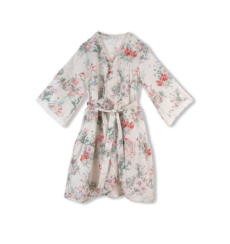 MILA KIDS’ LINEN DRESSING GOWN, PINK FLOWERS