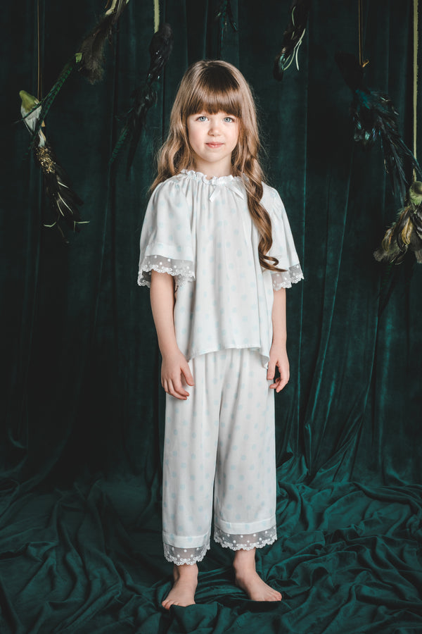 ROSE - CHILDREN'S WHITE PYJAMA SET WITH BLUE DOTS