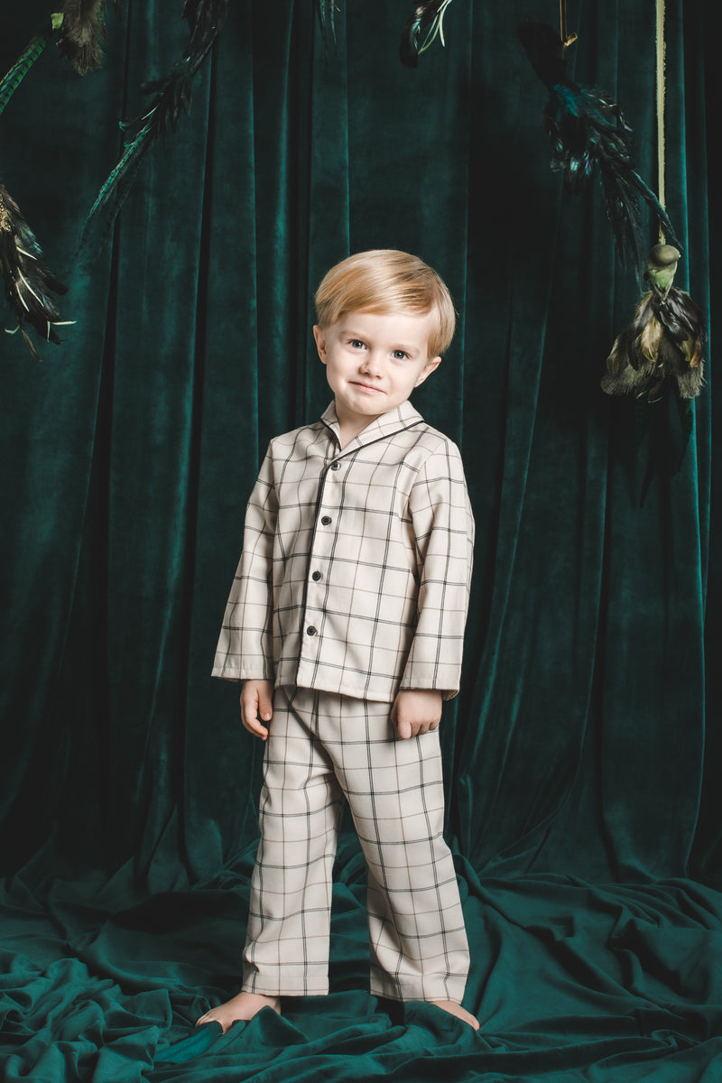 SAM -  BOYS' COTTON PYJAMA SET IN BEIGE CHECKS