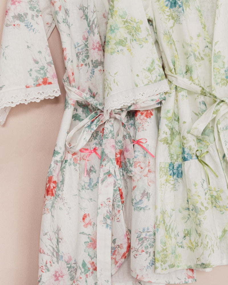 MILA GIRLS’ LINEN DRESSING GOWN PINK FLOWERS